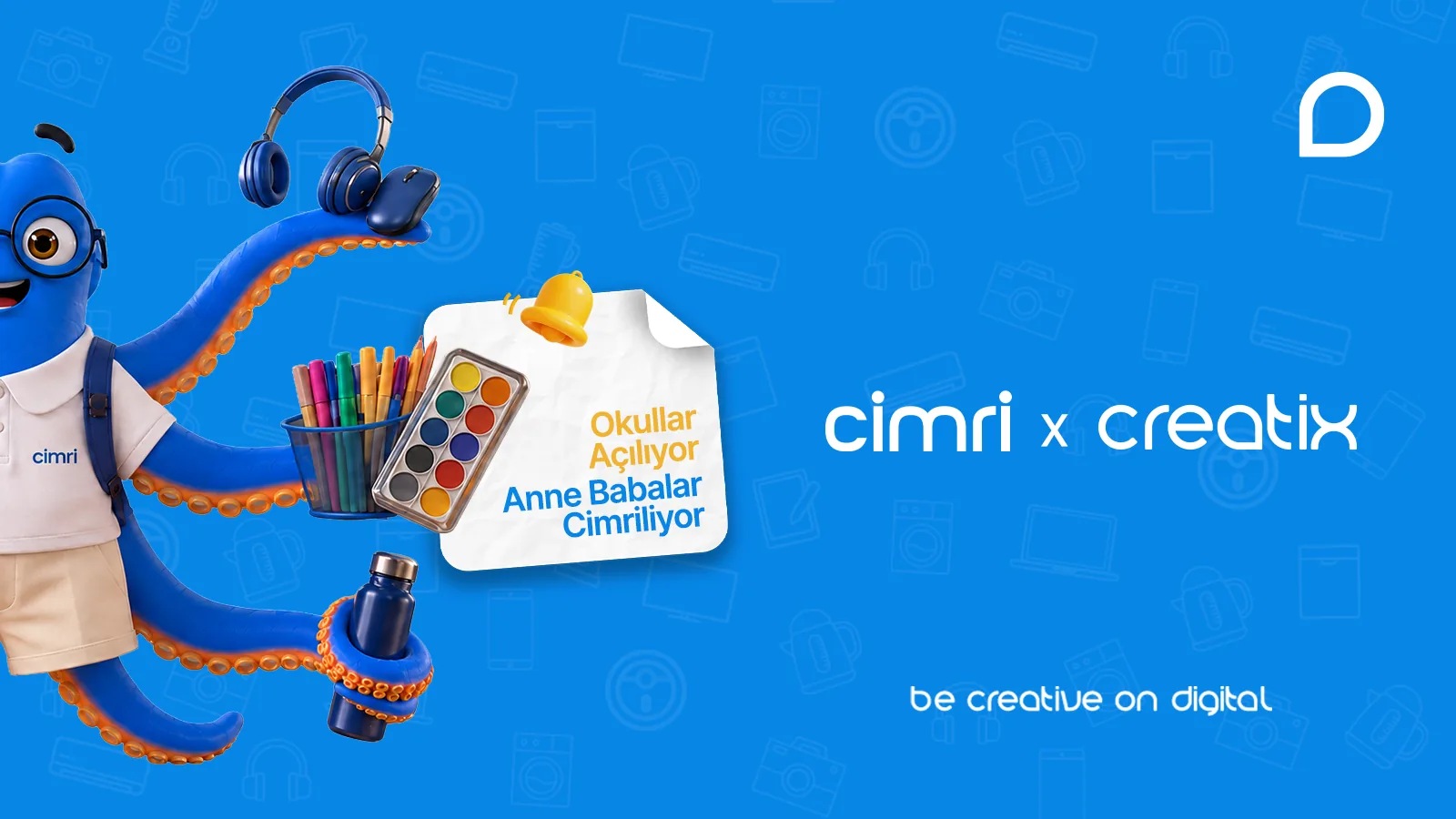 Cimri x Creatix: okul malzemeleri taşıyan çok kollu mavi karakter